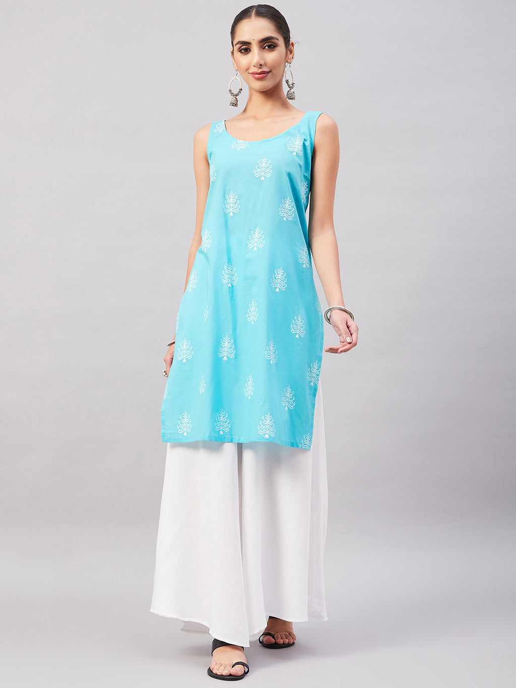 InWeave Women's Sea Blue Print Straight Kurta Palazzo Set | Grocsy