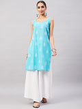 InWeave Women's Sea Blue Print Straight Kurta Palazzo Set | Grocsy