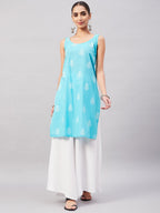 InWeave Women's Sea Blue Print Straight Kurta Palazzo Set | Grocsy