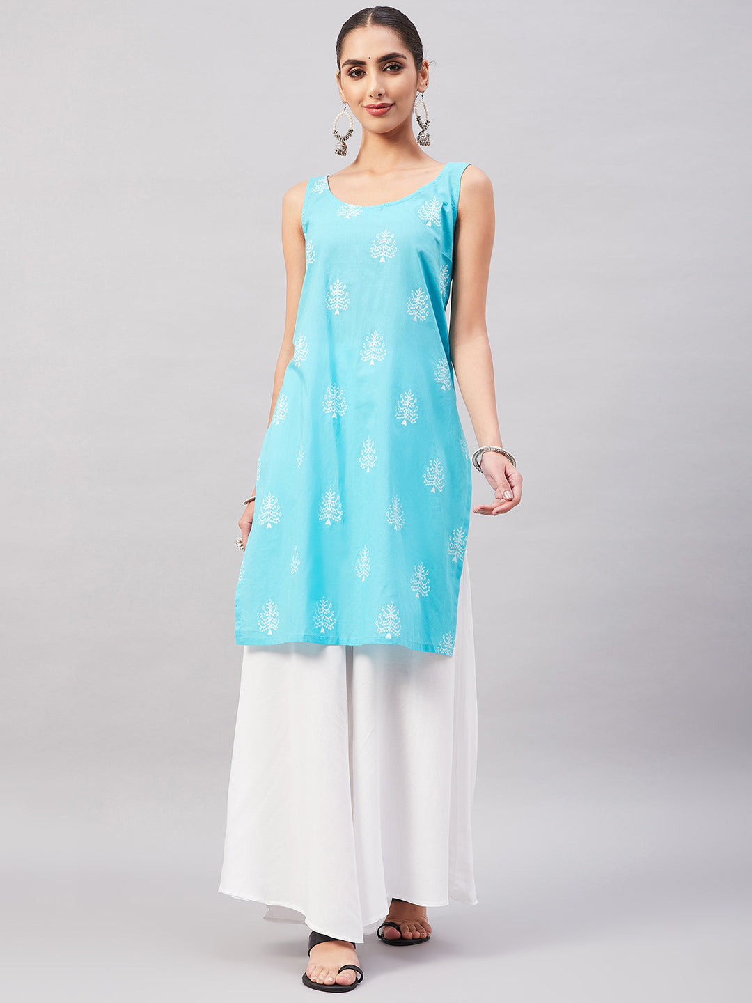InWeave Women's Sea Blue Print Straight Kurta Palazzo Set | Grocsy