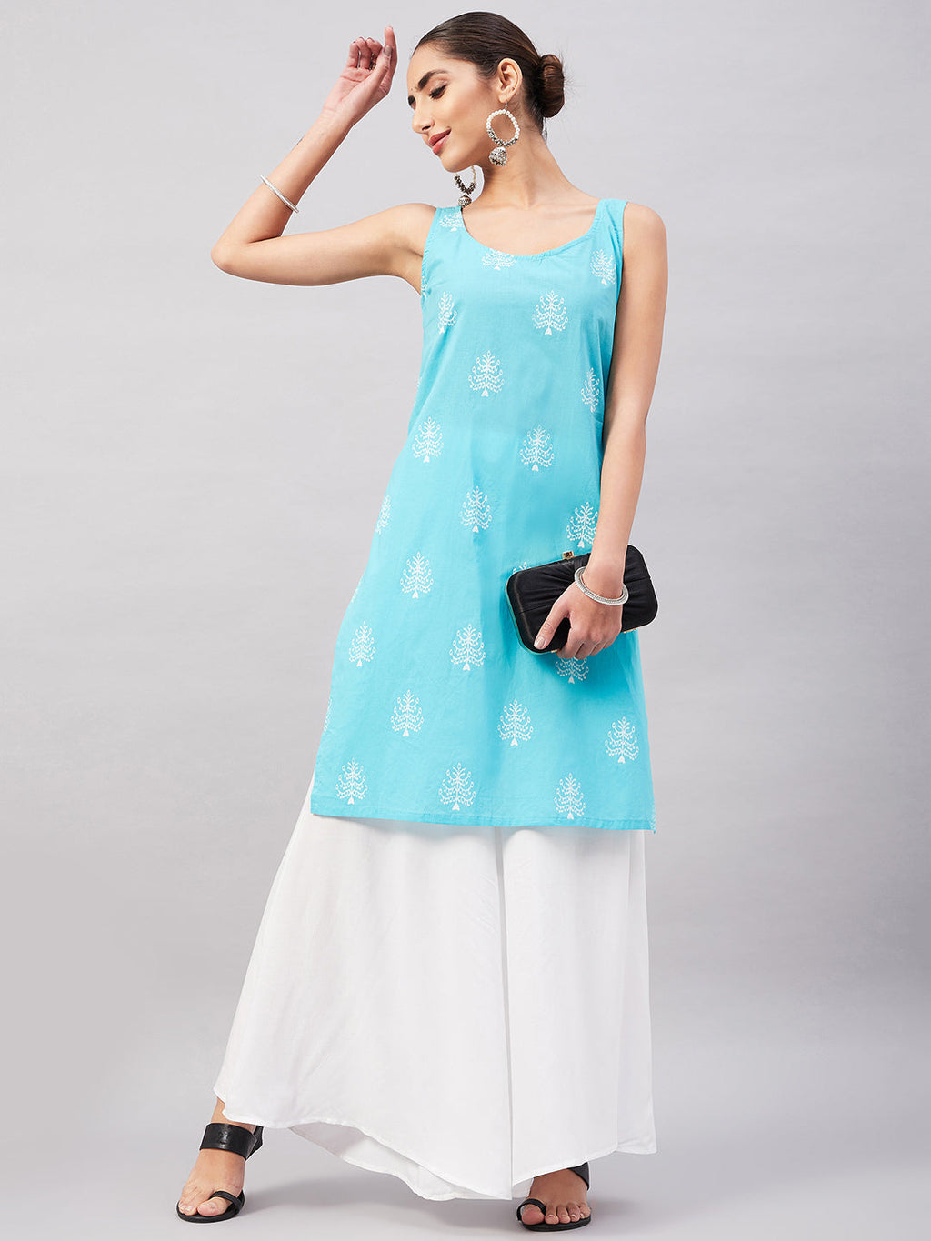 InWeave Women's Sea Blue Print Straight Kurta Palazzo Set | Grocsy