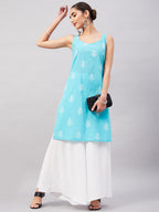 InWeave Women's Sea Blue Print Straight Kurta Palazzo Set | Grocsy