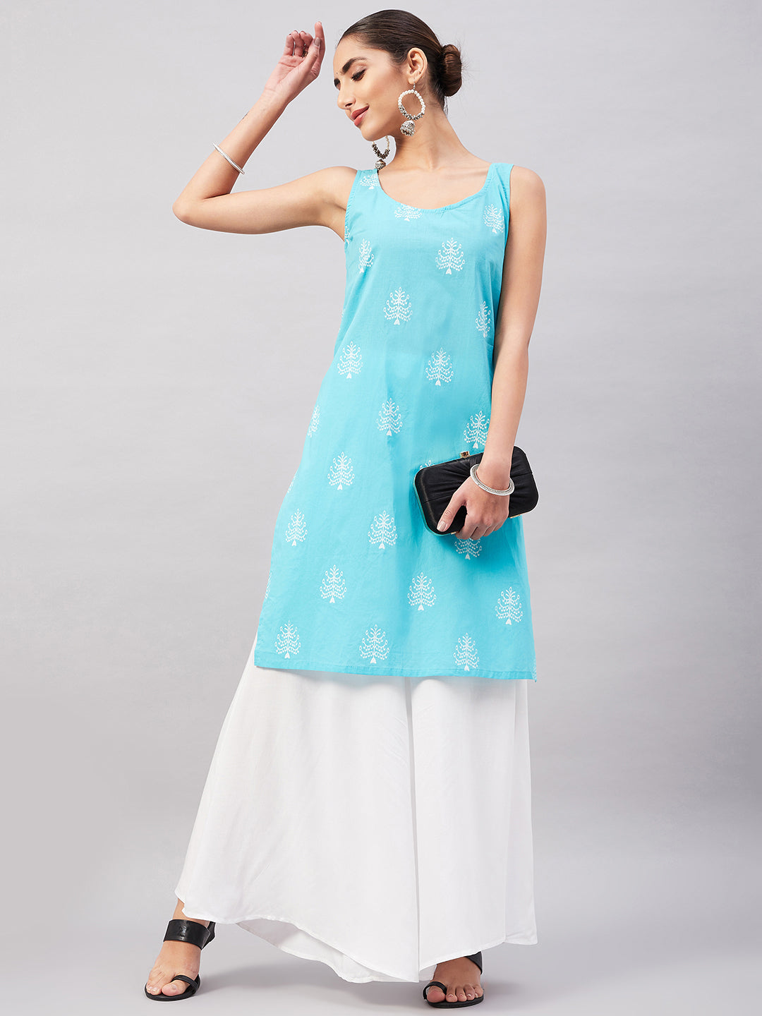 InWeave Women's Sea Blue Print Straight Kurta Palazzo Set | Grocsy