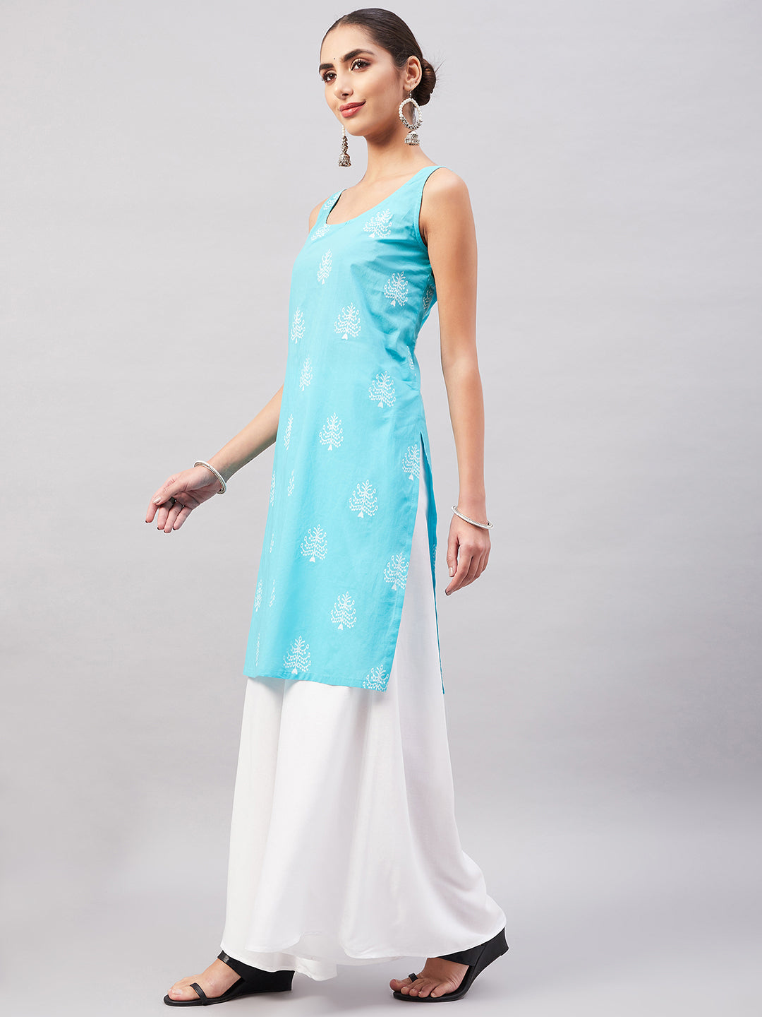 InWeave Women's Sea Blue Print Straight Kurta Palazzo Set | Grocsy