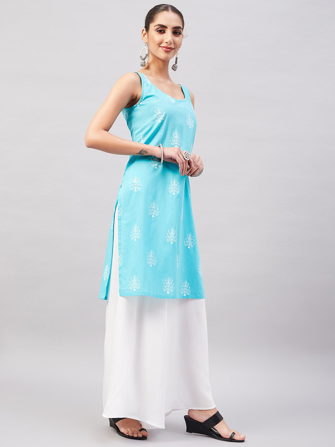 InWeave Women's Sea Blue Print Straight Kurta Palazzo Set | Grocsy