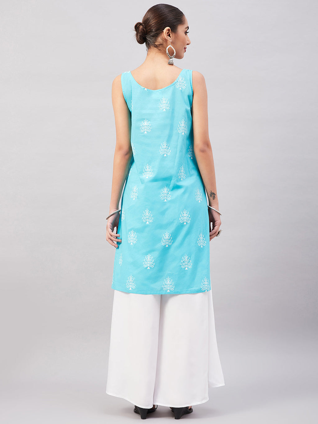 InWeave Women's Sea Blue Print Straight Kurta Palazzo Set | Grocsy