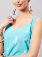 InWeave Women's Sea Blue Print Straight Kurta Palazzo Set | Grocsy