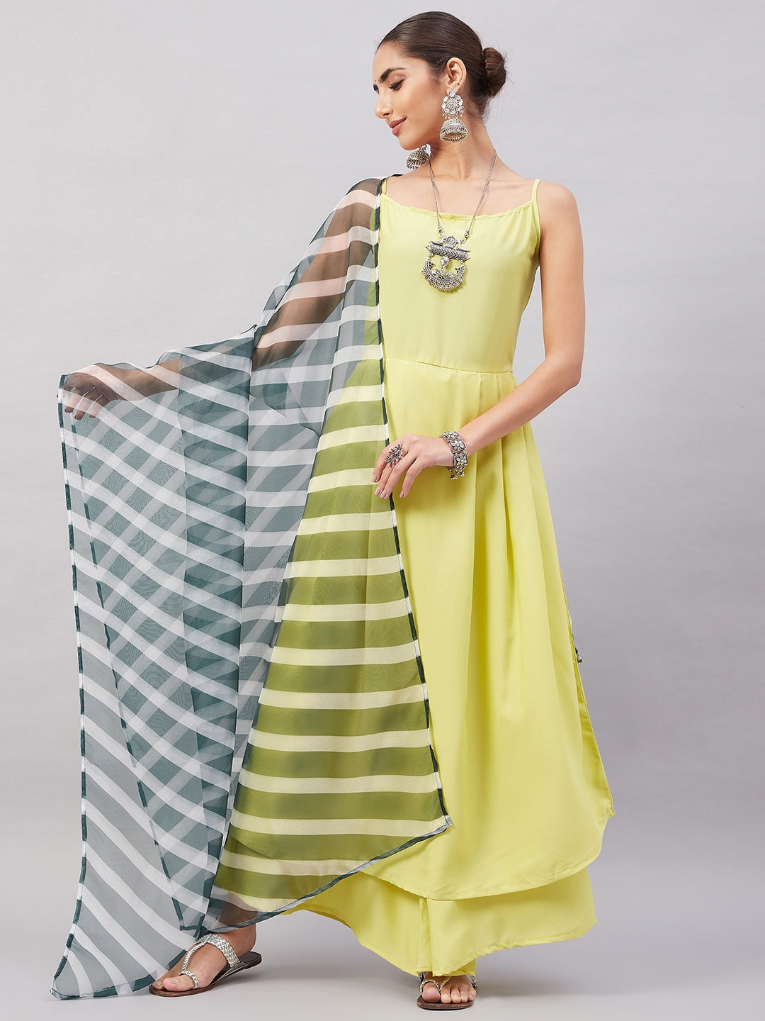 InWeave Women's Summer Yellow R Strappy Kurta Set With Green Leh Dupatta | Grocsy