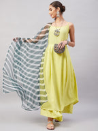 InWeave Women's Summer Yellow R Strappy Kurta Set With Green Leh Dupatta | Grocsy