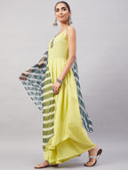 InWeave Women's Summer Yellow R Strappy Kurta Set With Green Leh Dupatta | Grocsy