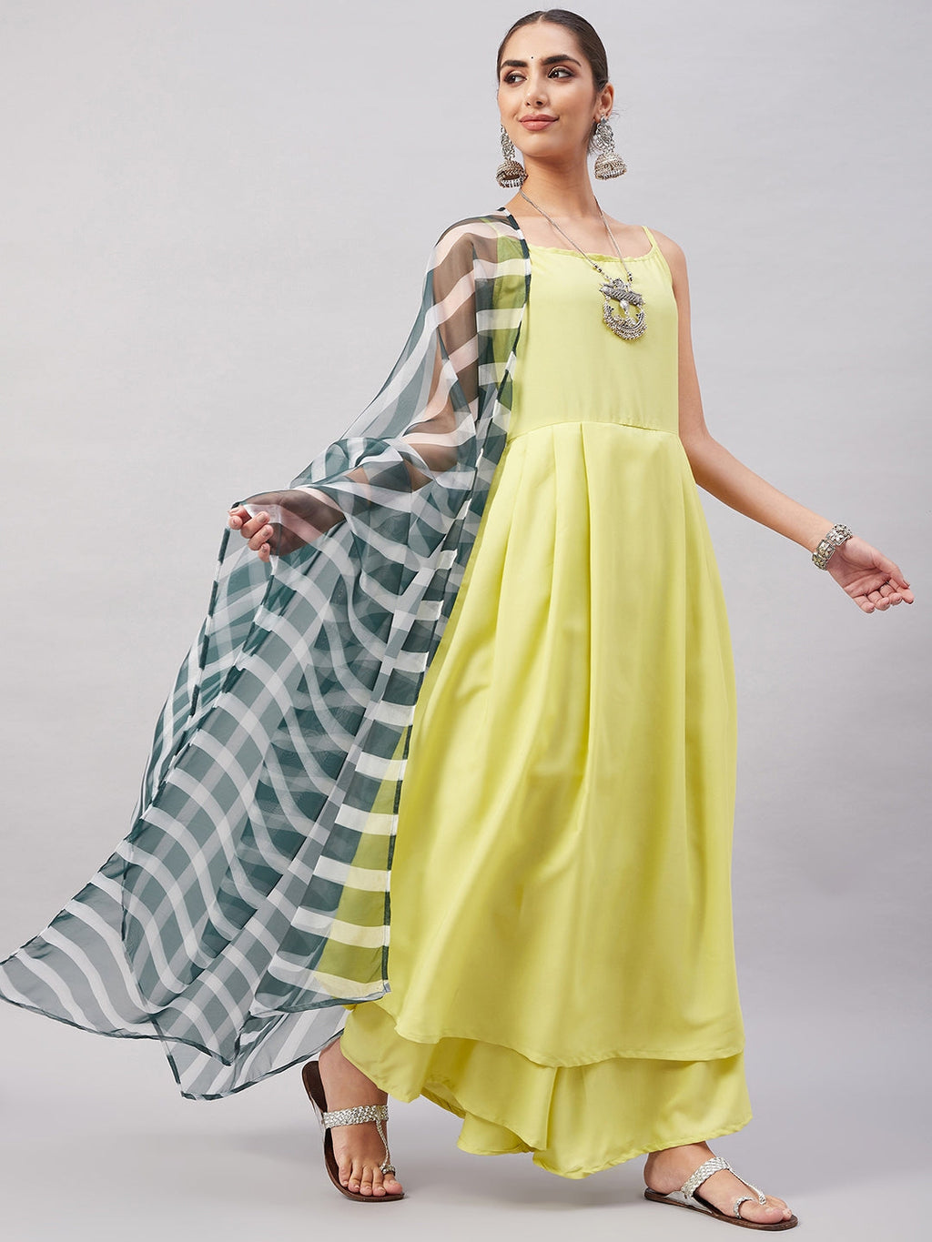 InWeave Women's Summer Yellow R Strappy Kurta Set With Green Leh Dupatta | Grocsy