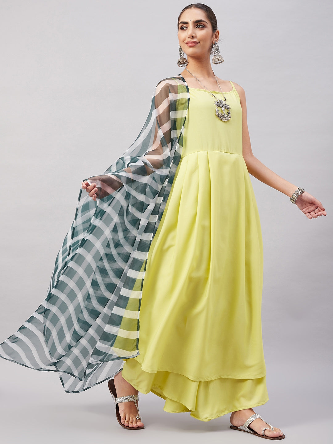 InWeave Women's Summer Yellow R Strappy Kurta Set With Green Leh Dupatta | Grocsy