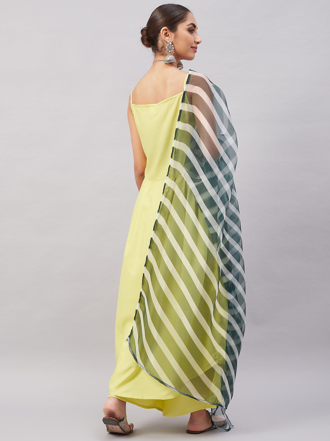 InWeave Women's Summer Yellow R Strappy Kurta Set With Green Leh Dupatta | Grocsy