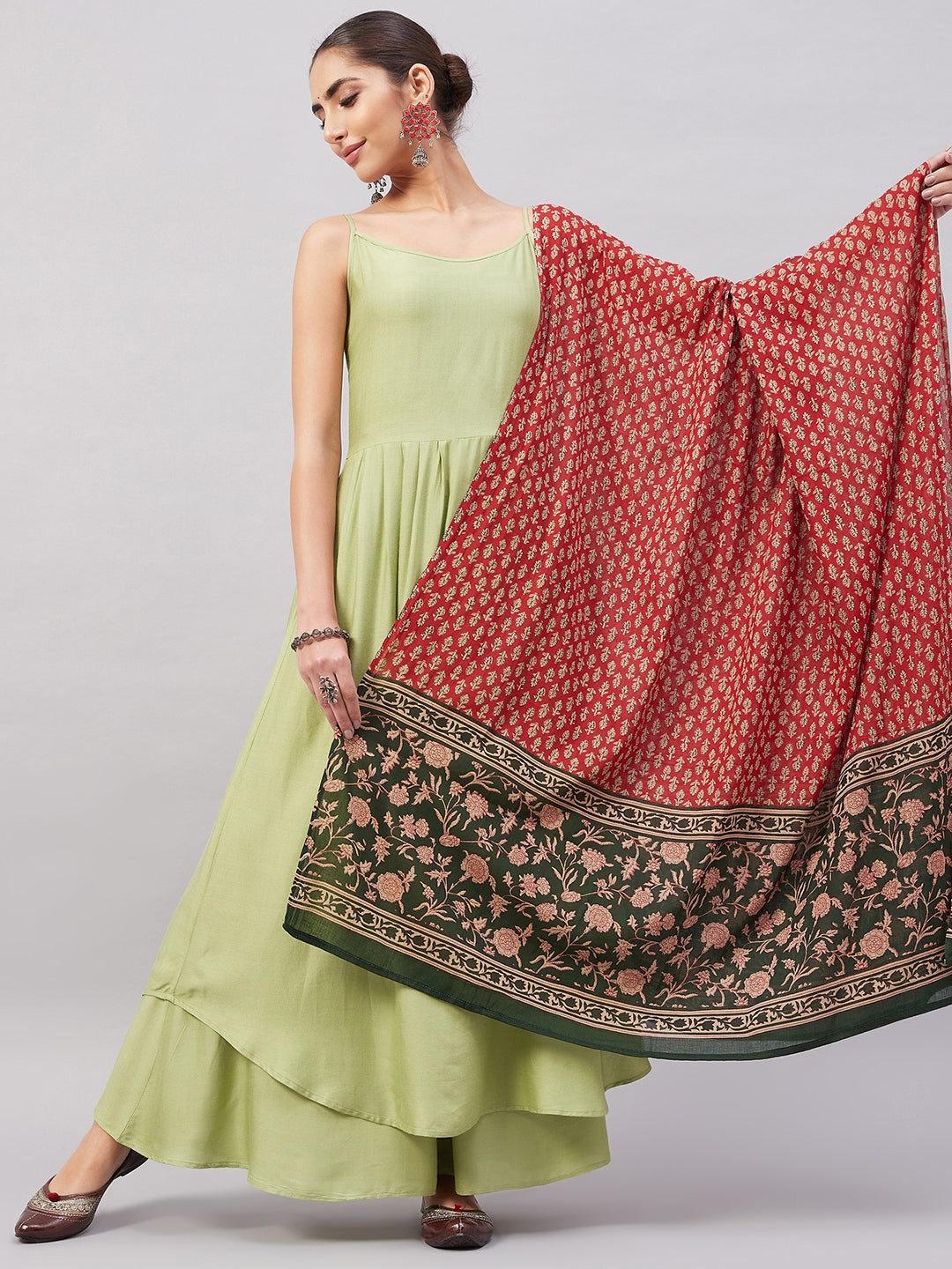 InWeave Women's Light Green R Strappy Set W Green Red Print Cotton Dupatta | Grocsy