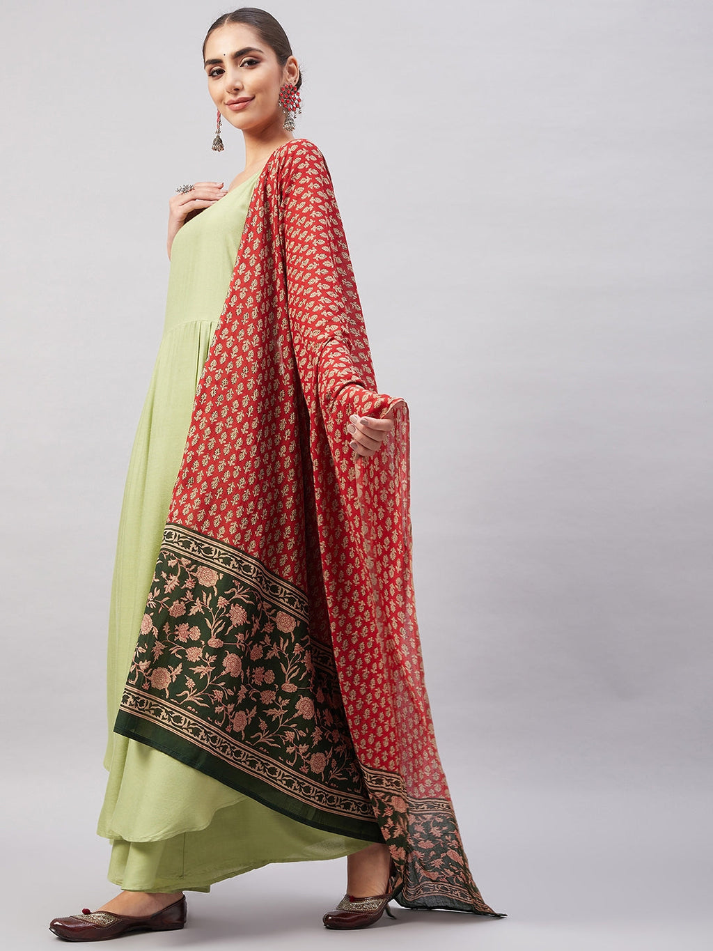 InWeave Women's Light Green R Strappy Set W Green Red Print Cotton Dupatta | Grocsy