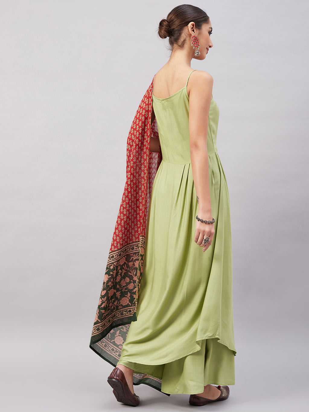 InWeave Women's Light Green R Strappy Set W Green Red Print Cotton Dupatta | Grocsy