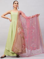 InWeave Women's Light Green R Strappy Set W Pink Print Organza Dupatta | Grocsy