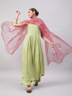 InWeave Women's Light Green R Strappy Set W Pink Print Organza Dupatta | Grocsy