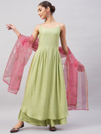 InWeave Women's Light Green R Strappy Set W Pink Print Organza Dupatta | Grocsy