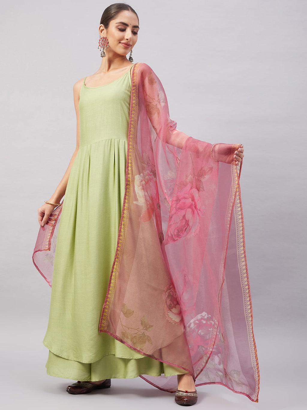 InWeave Women's Light Green R Strappy Set W Pink Print Organza Dupatta | Grocsy