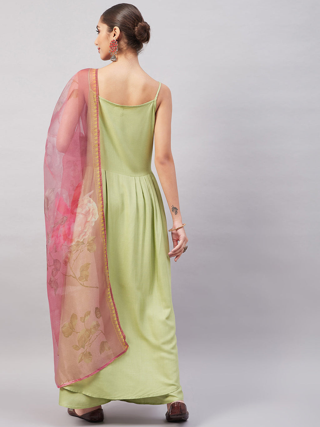 InWeave Women's Light Green R Strappy Set W Pink Print Organza Dupatta | Grocsy