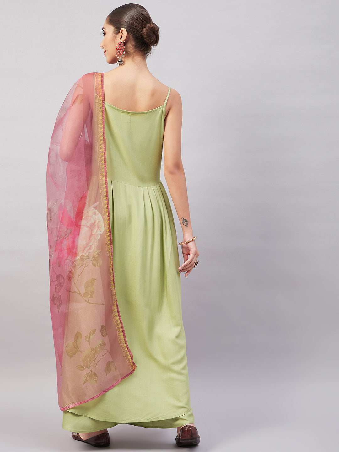 InWeave Women's Light Green R Strappy Set W Pink Print Organza Dupatta | Grocsy