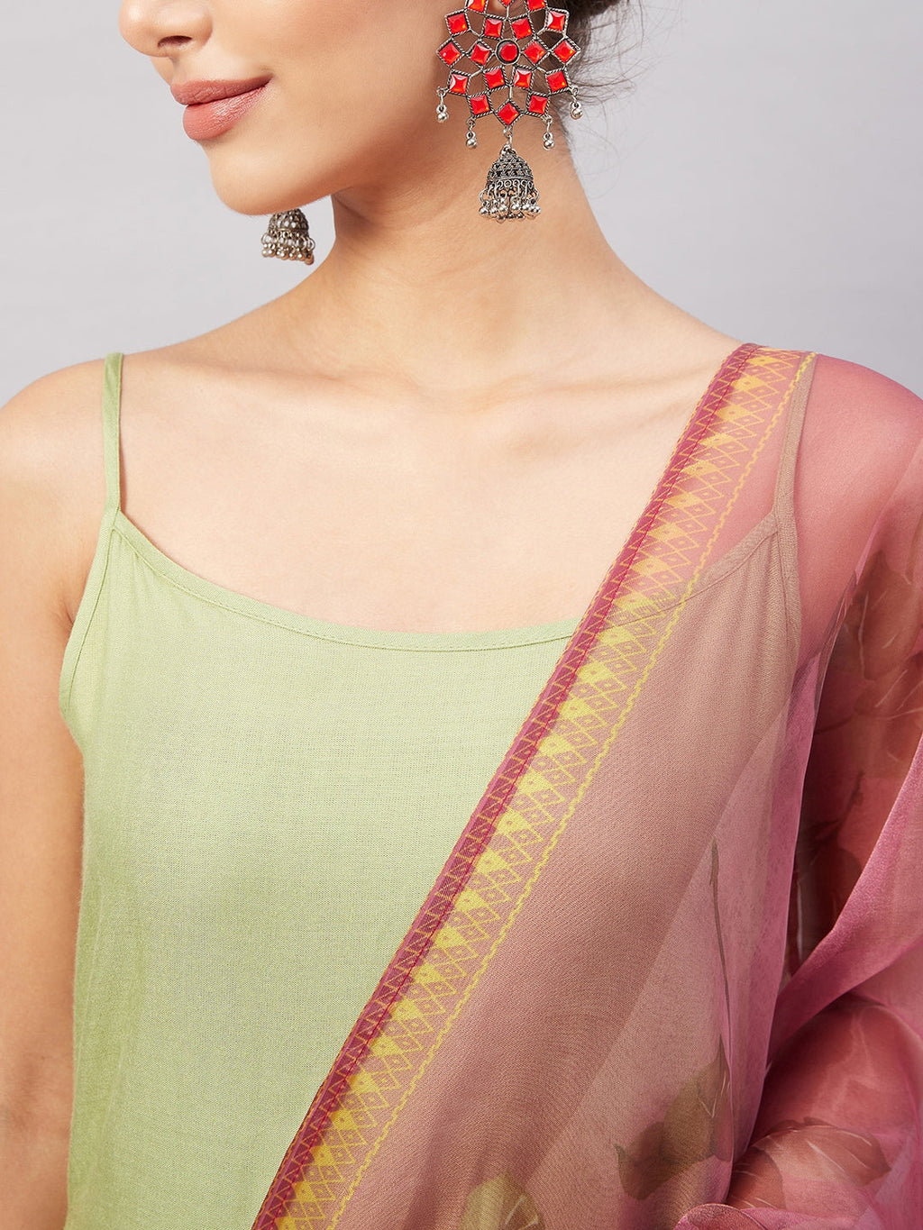 InWeave Women's Light Green R Strappy Set W Pink Print Organza Dupatta | Grocsy
