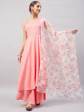 InWeave Women's Light Pink Sleeveless Kurta Set W White Peach Organza Dupatta | Grocsy
