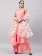 InWeave Women's Light Pink Sleeveless Kurta Set W White Peach Organza Dupatta | Grocsy