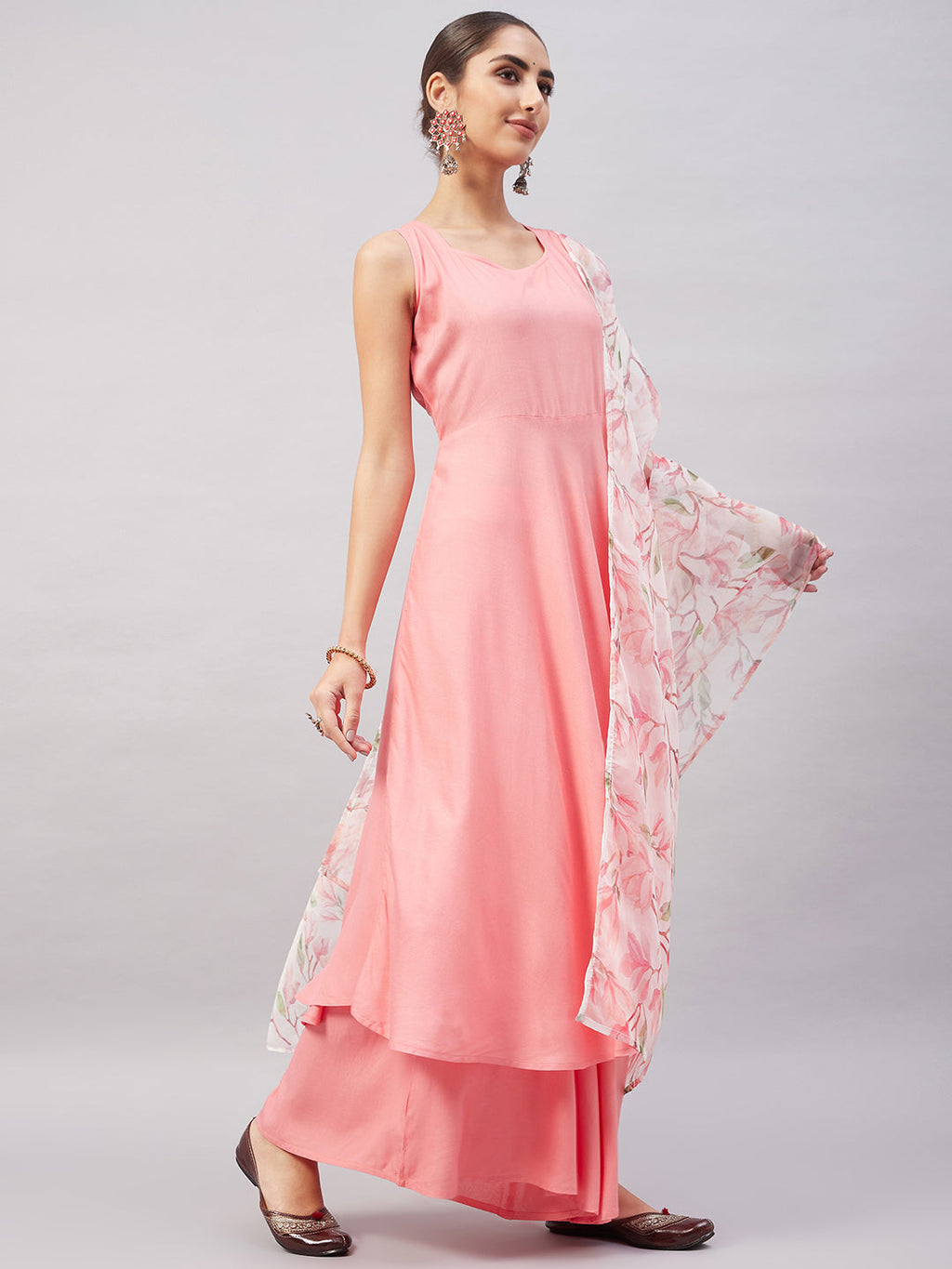 InWeave Women's Light Pink Sleeveless Kurta Set W White Peach Organza Dupatta | Grocsy