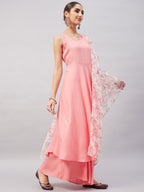 InWeave Women's Light Pink Sleeveless Kurta Set W White Peach Organza Dupatta | Grocsy
