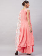 InWeave Women's Light Pink Sleeveless Kurta Set W White Peach Organza Dupatta | Grocsy