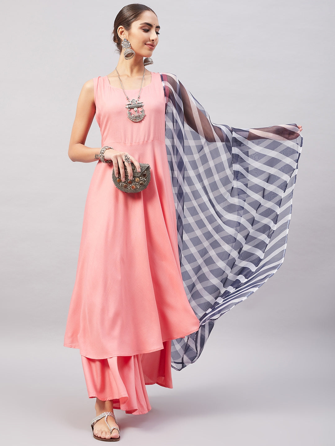 InWeave Women's Light Pink Sleeveless Kurta Set W Navy Leh Organza Dupatta | Grocsy