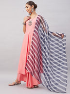 InWeave Women's Light Pink Sleeveless Kurta Set W Navy Leh Organza Dupatta | Grocsy