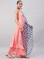 InWeave Women's Light Pink Sleeveless Kurta Set W Navy Leh Organza Dupatta | Grocsy