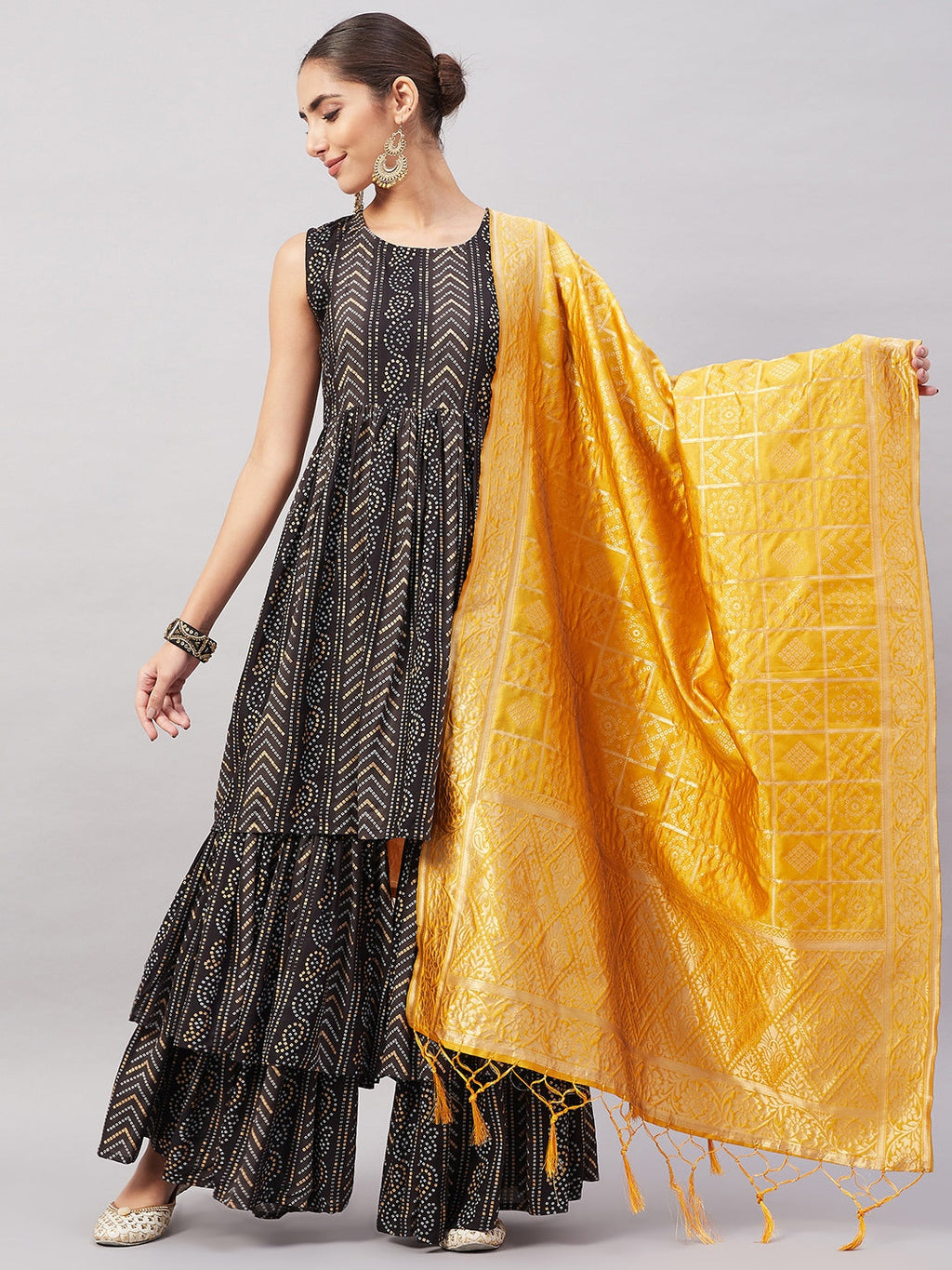InWeave Women's Black Bandhani Teired Sharara Set W Mustard Brocade Dupatta | Grocsy