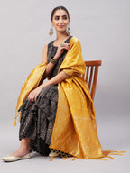 InWeave Women's Black Bandhani Teired Sharara Set W Mustard Brocade Dupatta | Grocsy