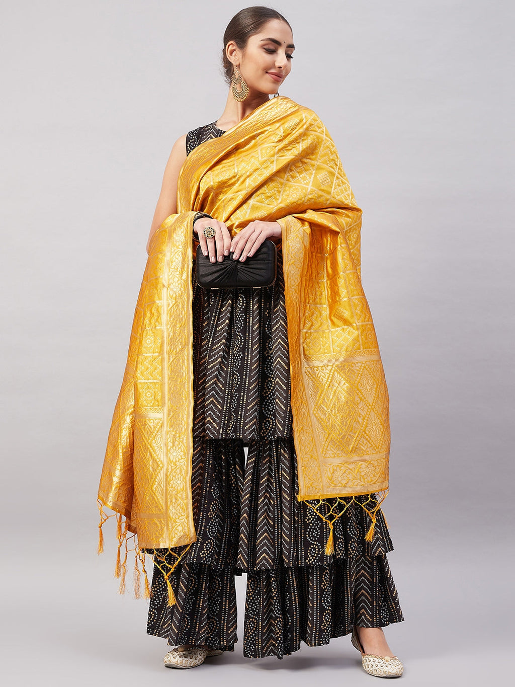 InWeave Women's Black Bandhani Teired Sharara Set W Mustard Brocade Dupatta | Grocsy