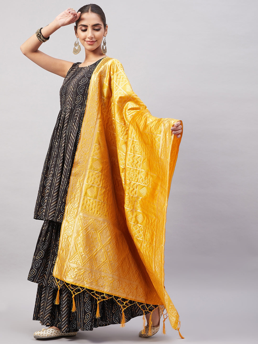 InWeave Women's Black Bandhani Teired Sharara Set W Mustard Brocade Dupatta | Grocsy