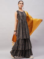 InWeave Women's Black Bandhani Teired Sharara Set W Mustard Brocade Dupatta | Grocsy