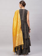InWeave Women's Black Bandhani Teired Sharara Set W Mustard Brocade Dupatta | Grocsy