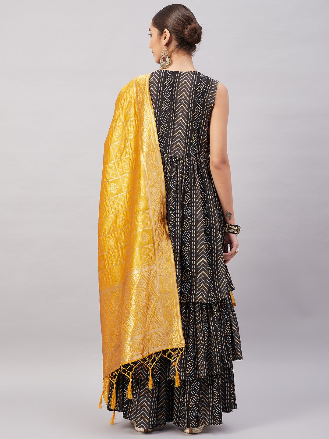 InWeave Women's Black Bandhani Teired Sharara Set W Mustard Brocade Dupatta | Grocsy