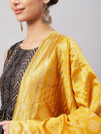 InWeave Women's Black Bandhani Teired Sharara Set W Mustard Brocade Dupatta | Grocsy