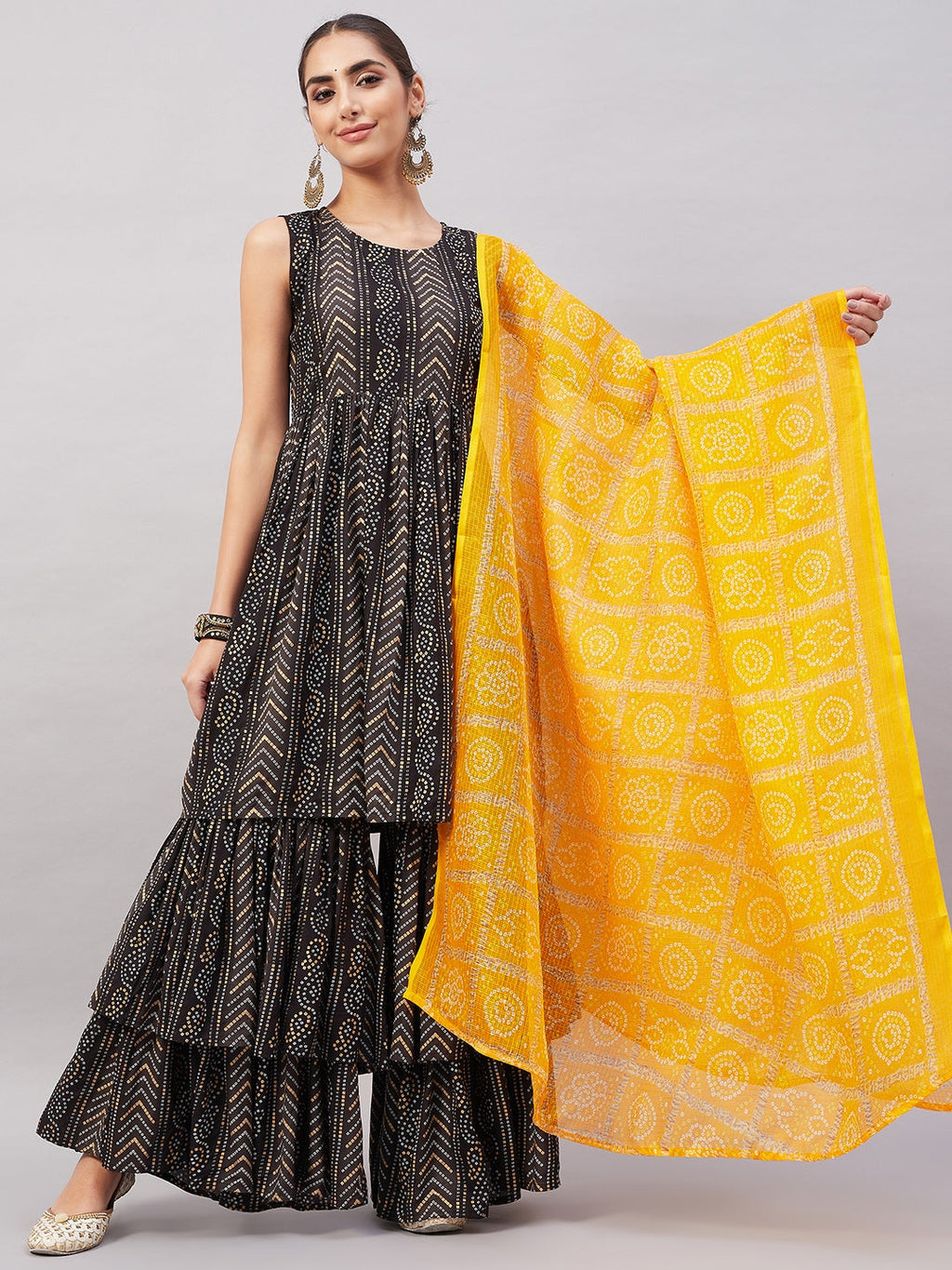 InWeave Women's Black Bandhani Teired Sharara Set W Mustard Kota Dupatta | Grocsy