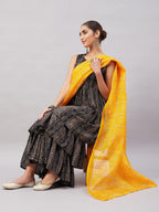 InWeave Women's Black Bandhani Teired Sharara Set W Mustard Kota Dupatta | Grocsy