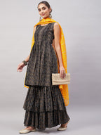 InWeave Women's Black Bandhani Teired Sharara Set W Mustard Kota Dupatta | Grocsy