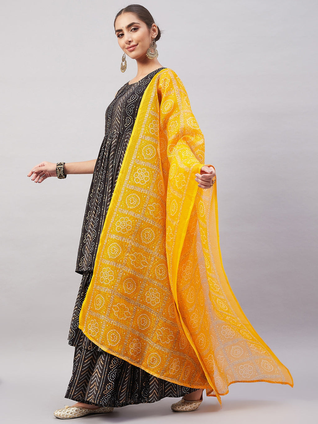 InWeave Women's Black Bandhani Teired Sharara Set W Mustard Kota Dupatta | Grocsy