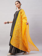 InWeave Women's Black Bandhani Teired Sharara Set W Mustard Kota Dupatta | Grocsy