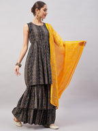InWeave Women's Black Bandhani Teired Sharara Set W Mustard Kota Dupatta | Grocsy
