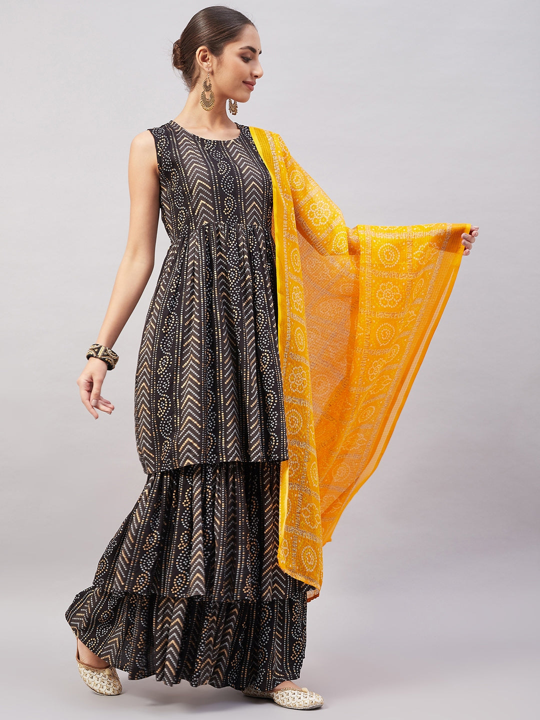 InWeave Women's Black Bandhani Teired Sharara Set W Mustard Kota Dupatta | Grocsy